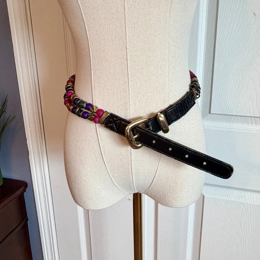 Vintage Multi Color Wood Bead Double Strand Belt Black Faux Leather M/L